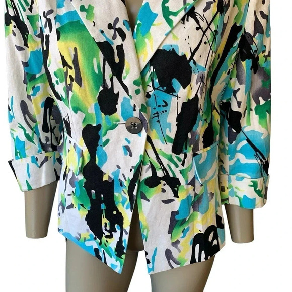 Cato Linen Blend 3/4 Sleeve Buttoned Blazer Fitted Jacket Size 14P Watercolor - Picture 4 of 16